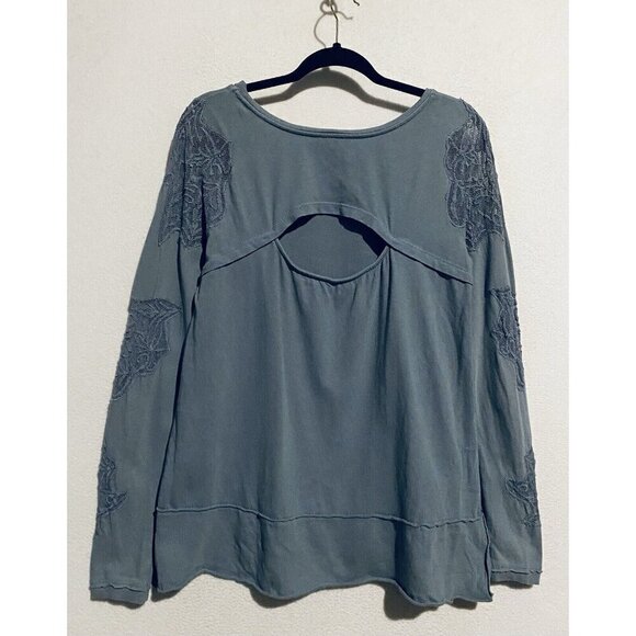 Free People Top Womens Medium Blue Grandpa Jersey Outer Sunset Lace Cut Out Boho - Picture 6 of 11